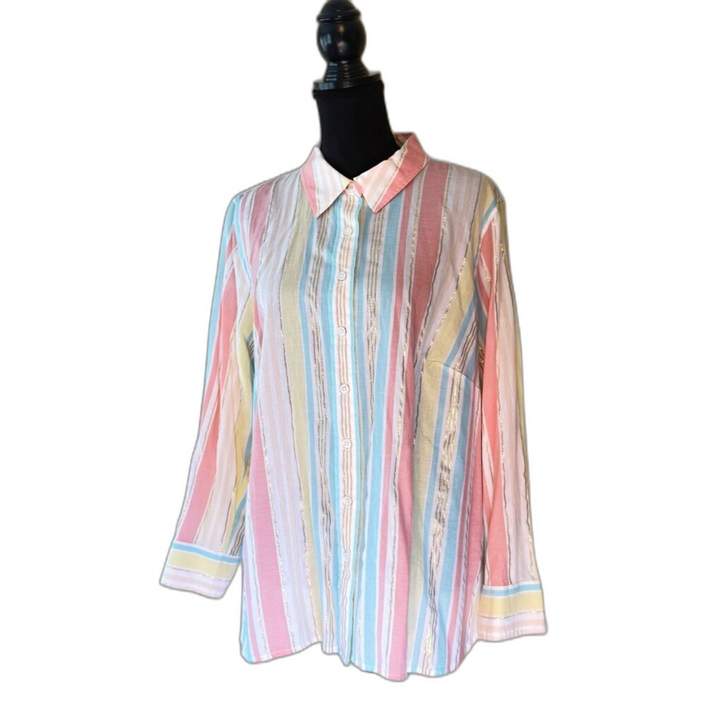 Talbots Pastel Striped Gold Metallic Button Down Blouse NWOT 2XP Plus Petite